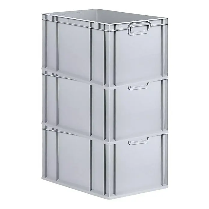 Proregal Euroboxen-Set 3x Eurobox NextGen Economy mit Scharnierdeckel und grünen Verschlüssen - L x B x H: 60 x 40 x 32 cm, Kunststoff, Grau, 3 Stk. - Gestapelte, robuste, graue Kunststoffboxen mit praktischen Griffen für Lagerung und Transport, ideal für vielfältige Anwendungen.