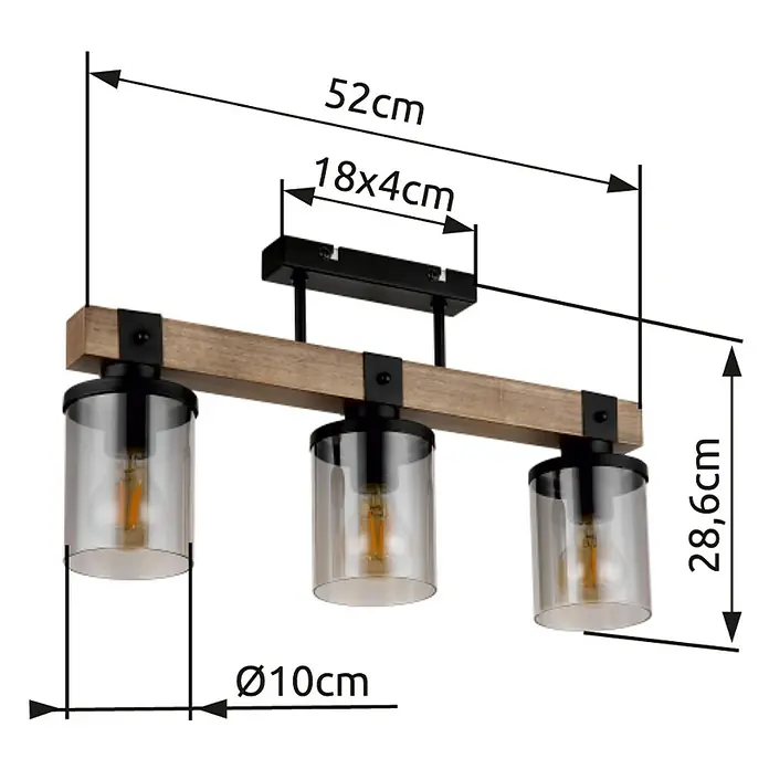 Globo Plafón Lila - 60 W, L x An x Al: 520 x 100 x 286 mm, Marrón, E27 - Vista detallada de una lámpara colgante decorativa de 3 luces con detalles en madera y pantallas de vidrio, dimensiones de 52x28,6x10 cm.