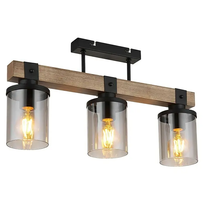 Globo Plafón Lila - 60 W, L x An x Al: 520 x 100 x 286 mm, Marrón, E27 - Lámpara de techo rústica con tres pantallas de vidrio transparente y una viga de madera para un ambiente cálido.