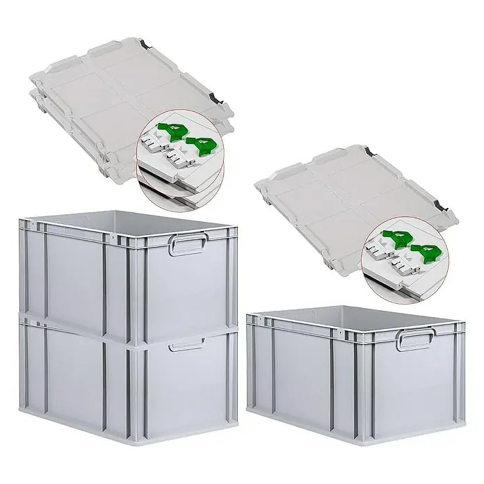 Proregal Euroboxen-Set 3x Eurobox NextGen Economy mit Scharnierdeckel und grünen Verschlüssen - L x B x H: 60 x 40 x 32 cm, Kunststoff, Grau, 3 Stk. - Graue Kunststoffboxen und Deckel im Stapel. Robuste Behälter für Lagerung und Transport. Sichere und praktische Aufbewahrungslösung.