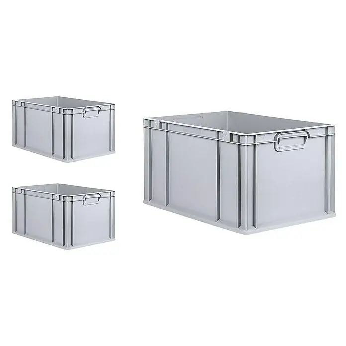 Proregal Euroboxen-Set 3x Eurobox NextGen Economy mit Scharnierdeckel und grünen Verschlüssen - L x B x H: 60 x 40 x 32 cm, Kunststoff, Grau, 3 Stk. - Drei graue, stapelbare Eurobehälter aus Kunststoff, ideal für Lagerung und Transport von Gütern aller Art. Robust und langlebig.