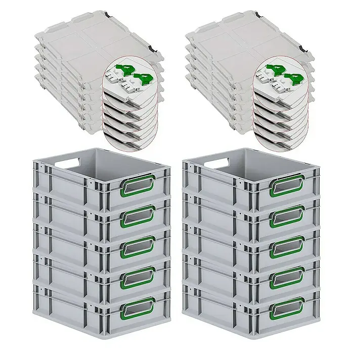 Proregal Euroboxen-Set 10x Eurobox NextGen Color mit Scharnierdeckel und Verschlüssen - L x B x H: 40 x 30 x 12 cm, Kunststoff, Grau, Grün, 10 Stk. - Bild von grauen Kunststoffbehältern und Deckeln.