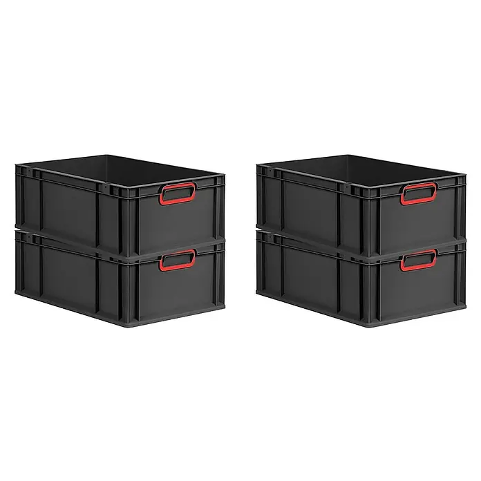 Proregal Euroboxen-Set 4x Eurobox NextGen Color - L x B x H: 60 x 40 x 22 cm, Kunststoff, Schwarz, Rot, 4 Stk. - Zwei Stapel schwarzer Kunststoffboxen mit roten Griffen, ideal für Lagerung und Transport. Praktisches Design für Ordnung.