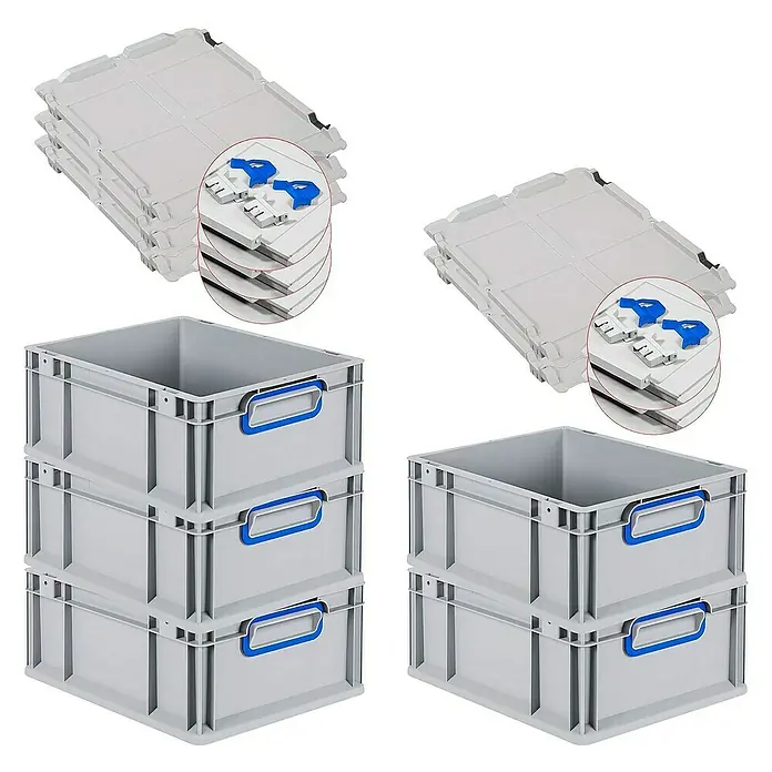 Proregal Euroboxen-Set 5x Eurobox NextGen Color mit Scharnierdeckel und Verschlüssen - L x B x H: 40 x 30 x 17 cm, Kunststoff, Grau, Blau, 5 Stk. - Drei graue Lagerboxen mit blauen Griffen, daneben zwei Stapel grauer Deckel mit blauen Verriegelungen.