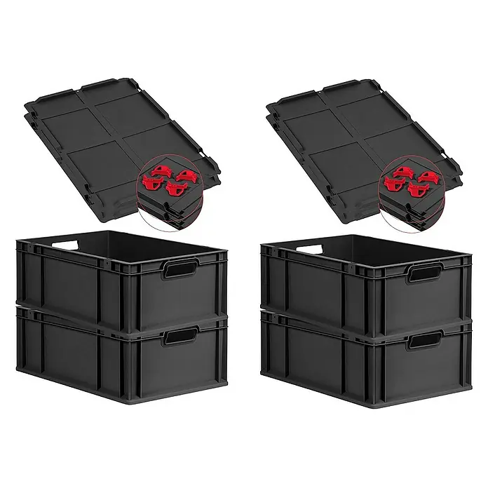 Proregal Euroboxen-Set 4x Eurobox NextGen Grip mit Auflagedeckel inkl. 4 roten Verschlüssen - L x B x H: 60 x 40 x 22 cm, Kunststoff, Schwarz, 4 Stk. - Ein Set aus zwei schwarzen Euroboxen, gestapelt, mit passenden Deckeln und roten Verriegelungen. Praktische Aufbewahrungslösung.