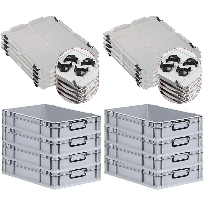 Proregal Euroboxen-Set 8x Eurobox NextGen Color mit Auflagedeckel und Schiebeschnappverschlüsse - L x B x H: 60 x 40 x 12 cm, Kunststoff, Grau, Schwarz, 8 Stk. - Produktabbildung: Stapelbare, graue Kunststoffboxen und Deckel mit schwarzen Griffen für Lagerung und Transport.