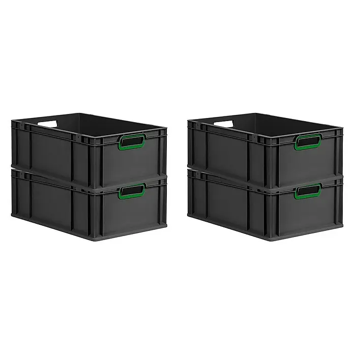 Proregal Euroboxen-Set 4x Eurobox NextGen Color - L x B x H: 60 x 40 x 22 cm, Kunststoff, Schwarz, Grün, 4 Stk. - Bild von zwei Stapeln grauer Kunststoffbehälter mit grünen Griffen, die sich ideal für Lagerung und Organisation eignen.