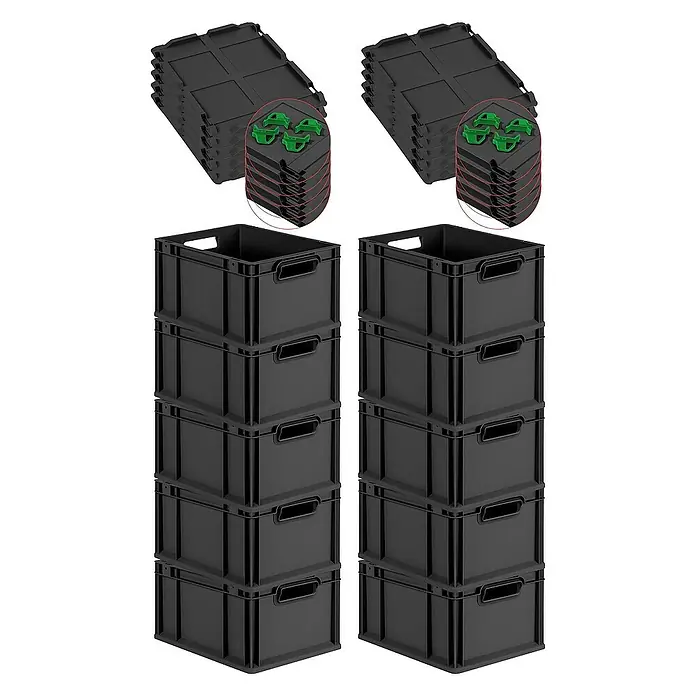 Proregal Euroboxen-Set 10x Eurobox NextGen Grip mit Scharnierdeckel und grünen Verschlüssen - L x B x H: 40 x 30 x 22 cm, Kunststoff, Schwarz, 10 Stk. - Ein Stapel aus schwarzen Kunststoff-Lagerkisten, einige davon zusammengeklappt mit grünen Verbindungsstücken. Praktische Aufbewahrungslösung.