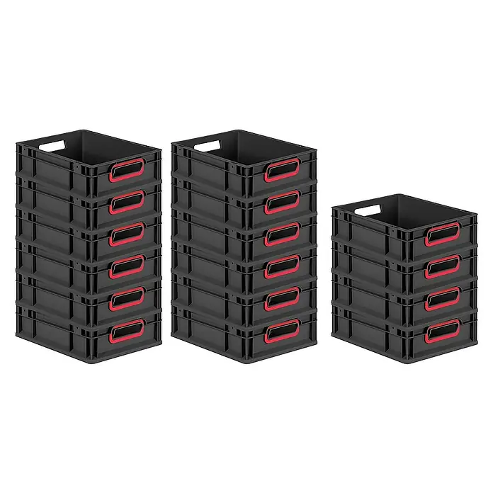 Proregal Euroboxen-Set 16x Eurobox NextGen Color - L x B x H: 40 x 30 x 12 cm, Kunststoff, Schwarz, Rot, 16 Stk. - Stapelbare, graue Aufbewahrungsboxen mit roten Griffen für Ordnung und Organisation im Lager oder Büro.