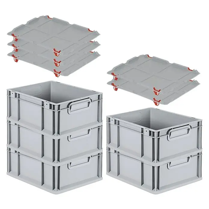 Proregal Euroboxen-Set 5x Eurobox NextGen Economy mit Auflagedeckel und 4x Verschlüsse Rot - L x B x H: 40 x 30 x 17 cm, Kunststoff, Grau, 5 Stk. - Graue Eurobehälter mit Deckeln. Stapelbare Kunststoffbehälter mit Griffen und roten Eckverbindungen für den sicheren Transport.
