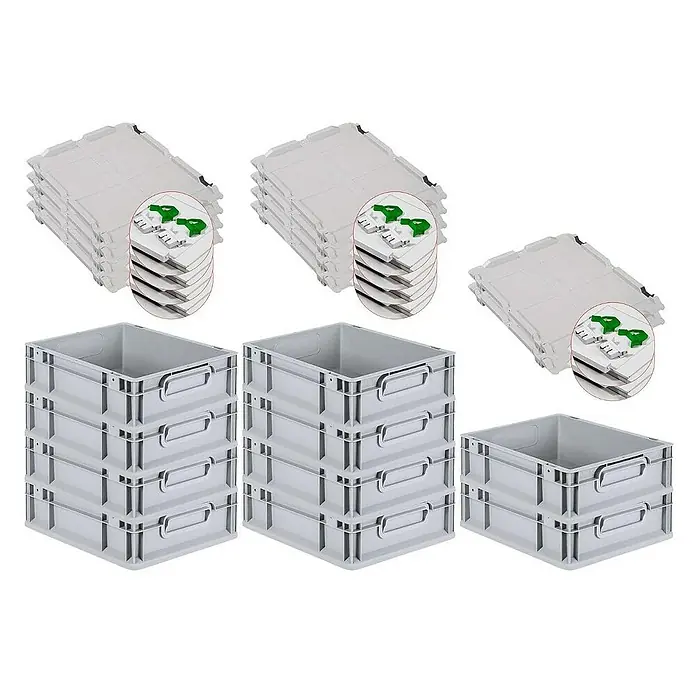 Proregal Euroboxen-Set 10x Eurobox NextGen Economy mit Scharnierdeckel und grünen Verschlüssen - L x B x H: 40 x 30 x 12 cm, Kunststoff, Grau, 10 Stk. - Die grauen Kunststoffboxen mit passenden Deckeln, ideal für Lagerung und Transport, werden in praktischen Stapeln präsentiert.