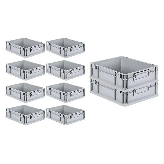 Proregal Euroboxen-Set 10x Eurobox NextGen Economy mit Scharnierdeckel und grünen Verschlüssen - L x B x H: 40 x 30 x 12 cm, Kunststoff, Grau, 10 Stk. - Ansicht von neun grauen, einzelnen und zwei gestapelten grauen Lagerboxen. Sie sind aus robustem Kunststoff und ideal zur Aufbewahrung.