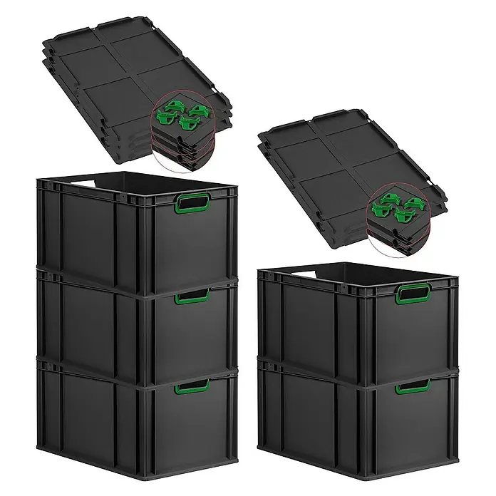 Proregal Euroboxen-Set 5x Eurobox NextGen Color mit Auflagedeckel und Schiebeschnappverschlüsse - L x B x H: 60 x 40 x 32 cm, Kunststoff, Schwarz, Grün, 5 Stk. - Bild von drei schwarzen Lagerboxen mit Deckel und grünen Griffen, gestapelt und nebeneinander angeordnet.