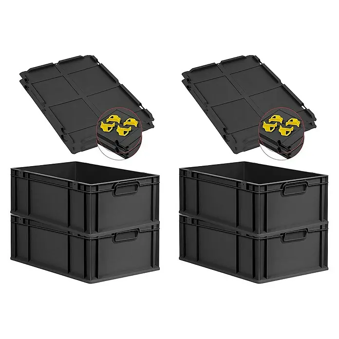 Proregal Euroboxen-Set 4x Eurobox NextGen Grip mit Auflagedeckel inkl. 4 gelben Verschlüssen - L x B x H: 60 x 40 x 22 cm, Kunststoff, Schwarz, 4 Stk. - Bild von vier schwarzen Kunststoffboxen mit zwei Deckeln und gelben Verbindungsstücken. Die Boxen sind stapelbar und ideal für Lagerung.