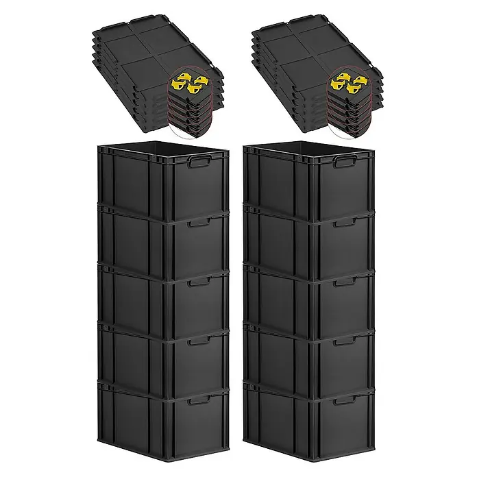 Proregal Euroboxen-Set 10x Eurobox NextGen Grip mit Auflagedeckel inkl. 4 gelben Verschlüssen - L x B x H: 60 x 40 x 32 cm, Kunststoff, Schwarz, 10 Stk. - Schwarze Kunststoffbehälter mit Deckeln, stapelbar, ideal für Lagerung und Organisation. Robuste Bauweise für vielfältige Einsatzbereiche.