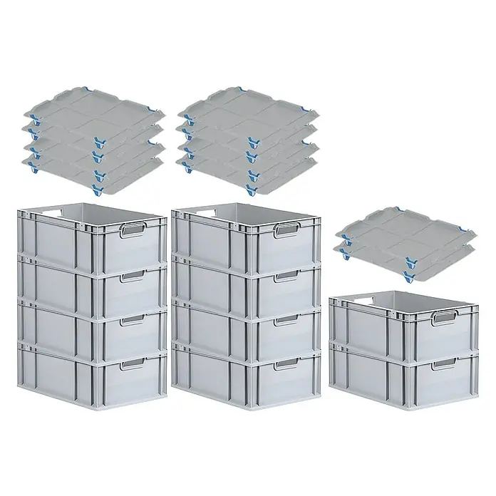 Proregal Euroboxen-Set 10x Eurobox NextGen Economy mit Auflagedeckel und 4x Verschlüsse Blau - L x B x H: 60 x 40 x 22 cm, Kunststoff, Grau, 10 Stk. - Abbildung von drei Stapeln grauer Aufbewahrungsboxen aus Kunststoff und drei Stapeln grauer Deckel mit blauen Ecken, die alle aufgereiht sind.