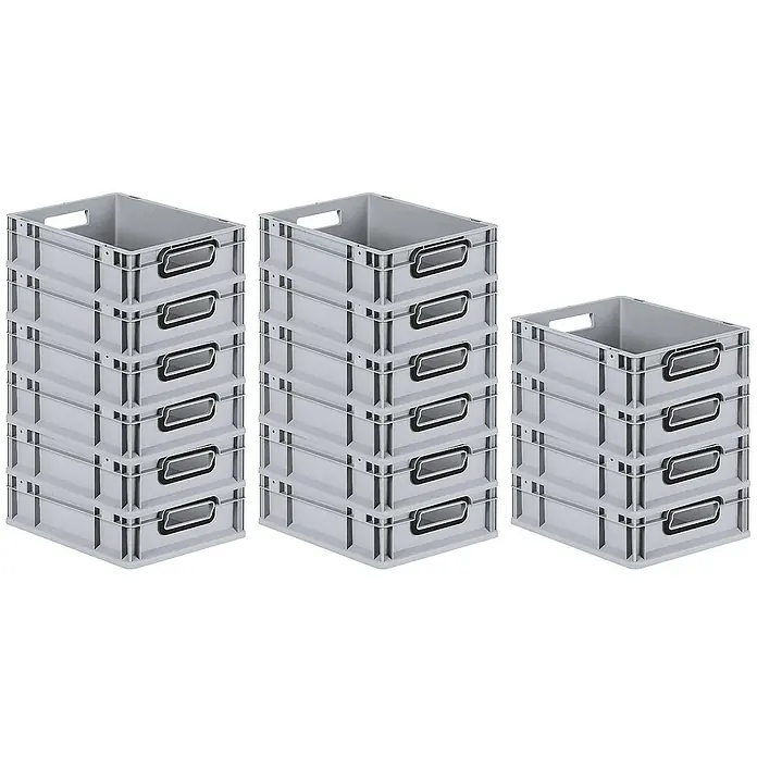 Proregal Euroboxen-Set 16x Eurobox NextGen Color - L x B x H: 40 x 30 x 12 cm, Kunststoff, Grau, Schwarz, 16 Stk. - Bild von drei Stapeln grauer Aufbewahrungsboxen mit schwarzen Griffen, ideal für Ordnung und Organisation.