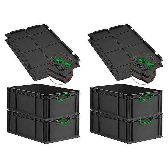 SuperSparSet 4x Eurobox NextGen Color mit Scharnierdeckel und Schiebeschnappverschlüssen | HxBxT 22x40x60cm | 44 Liter | Schwarz | Griffe grün geschlossen | Verstärkter Boden | Eurobehälter, Transportbox, Transportbehälter, Stapelbehälter -  - Stapelbare, graue Kunststoffboxen mit grünen Griffen und dazugehörigen Deckeln, ideal für Lagerung und Transport.