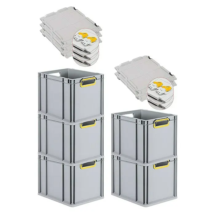 Proregal Euroboxen-Set 5x Eurobox NextGen Color mit Scharnierdeckel und Verschlüssen - Kunststoff, Grau, Gelb, 5 Stk. - Das Bild zeigt graue Eurobehälter mit gelben Griffen und dazugehörige Deckel. Diese praktischen Boxen sind ideal für Lagerung und Transport.