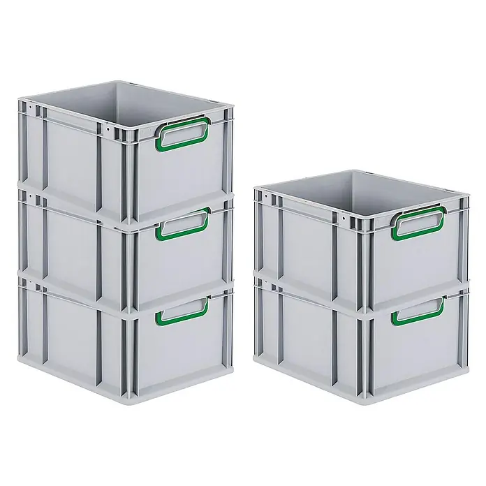 Proregal Euroboxen-Set 5x Eurobox NextGen Color - L x B x H: 40 x 30 x 22 cm, Kunststoff, Grau, Grün, 5 Stk. - Gestapelte graue Kunststoffboxen mit grünen Griffen, ideal für Lagerung und Organisation.