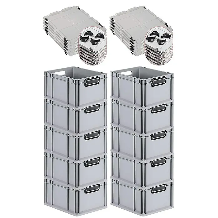 SparSet 10x Eurobox NextGen Color mit Auflagedeckel und Schiebeschnappverschlüsse | HxBxT 22x30x40cm | 20 Liter | Grau | Griffe schwarz offen | Glatter Boden | Eurobehälter, Transportbox, Transportbehälter, Stapelbehälter -  - Bild von zwei Stapeln grauer Kunststoffboxen mit Deckeln, ideal für Lagerung und Organisation.