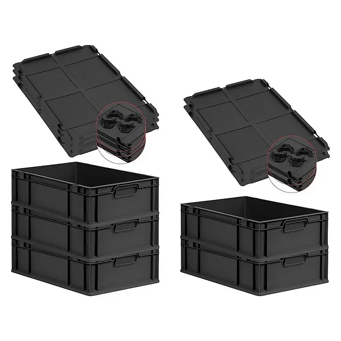 SuperSparSet 5x Eurobox NextGen Grip mit Auflagedeckel inkl. 4 schwarzen Schiebeschnappverschlüssen | HxBxT 17x40x60cm | 34 Liter | Schwarz | Griffe geschlossen | Eurobehälter, Transportbox, Transportbehälter, Stapelbehälter -  - Stapelbare schwarze Kunststoffbehälter und zusammenklappbare Kisten. Ideal für Lagerung und Transport. Robuste Bauweise für vielfältige Anwendungen.