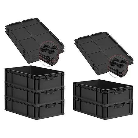 SuperSparSet 5x Eurobox NextGen Grip mit Auflagedeckel inkl. 4 schwarzen Schiebeschnappverschlüssen | HxBxT 17x40x60cm | 34 Liter | Schwarz | Griffe geschlossen | Eurobehälter, Transportbox, Transportbehälter, Stapelbehälter