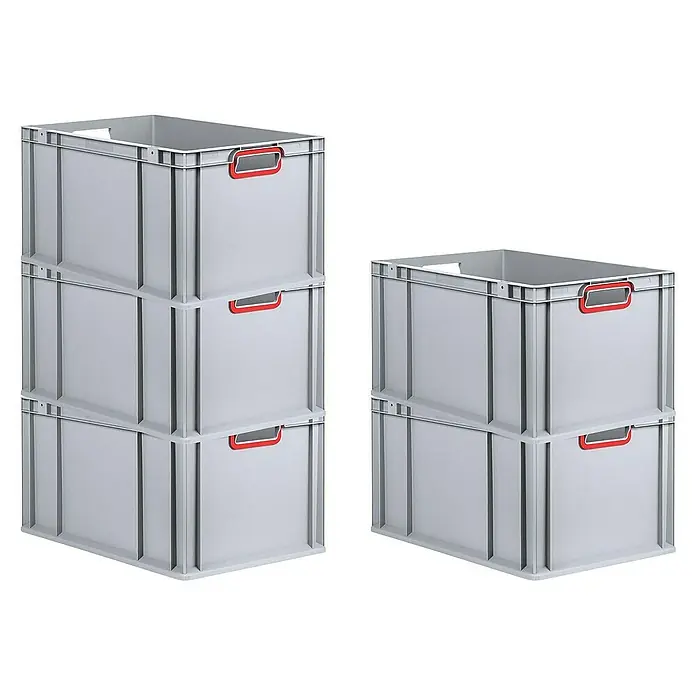 Proregal Euroboxen-Set 5x Eurobox NextGen Color - Kunststoff, Grau, Rot, 5 Stk. - Graue Kunststoffbehälter mit roten Griffen, gestapelt in einer Lageranordnung, ideal für Organisation und Aufbewahrung.
