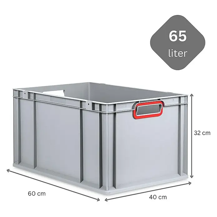 Proregal Euroboxen-Set 5x Eurobox NextGen Color - Kunststoff, Grau, Rot, 5 Stk. - Graue 65-Liter-Kunststoffbox mit roten Griffen und den Maßen 60 x 40 x 32 cm.