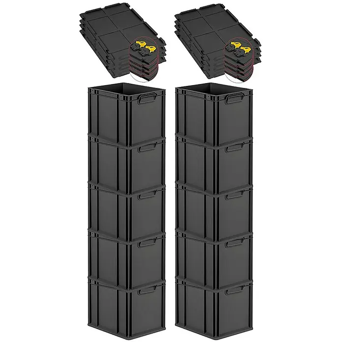 Proregal Euroboxen-Set 10x Eurobox NextGen Grip mit Scharnierdeckel und gelben Verschlüssen - Kunststoff, Schwarz, 10 Stk. - Gestapelte schwarze Kunststoffboxen mit Deckeln, ideal zur Aufbewahrung und Organisation verschiedener Gegenstände im Haushalt oder Büro.