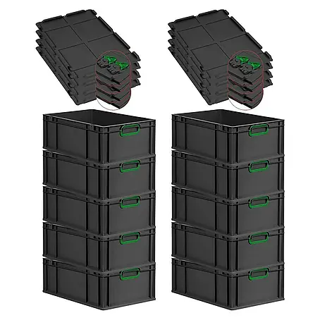 SuperSparSet 10x Eurobox NextGen Color mit Scharnierdeckel und Schiebeschnappverschlüssen | HxBxT 22x40x60cm | 44 Liter | Schwarz | Griffe grün geschlossen | Verstärkter Boden | Eurobehälter, Transportbox, Transportbehälter, Stapelbehälter