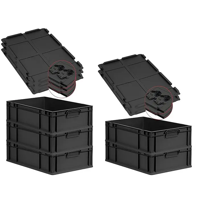 Proregal Euroboxen-Set 5x Eurobox NextGen Grip mit Scharnierdeckel und schwarzen Verschlüssen - L x B x H: 60 x 40 x 17 cm, Kunststoff, Schwarz, 5 Stk. - Bild von schwarzen Eurobehältern und Deckeln, die Lagerung und Organisation ermöglichen.\n