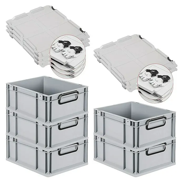 SuperSparSet 5x Eurobox NextGen Color mit Scharnierdeckel und Schiebeschnappverschlüssen | HxBxT 17x30x40cm | 16 Liter | Grau | Griffe schwarz geschlossen | Glatter Boden | Eurobehälter, Transportbox, Transportbehälter, Stapelbehälter -  - Stabile, stapelbare Lagerboxen und Deckel im Set. Ideal für Lagerung und Transport, aus robustem Kunststoff gefertigt.