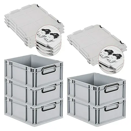 SuperSparSet 5x Eurobox NextGen Color mit Scharnierdeckel und Schiebeschnappverschlüssen | HxBxT 17x30x40cm | 16 Liter | Grau | Griffe schwarz geschlossen | Glatter Boden | Eurobehälter, Transportbox, Transportbehälter, Stapelbehälter
