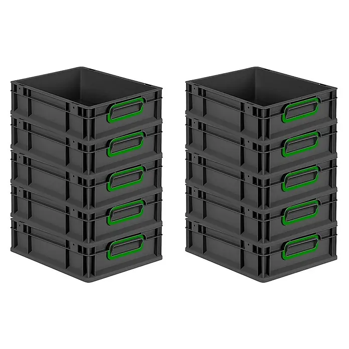 Proregal Euroboxen-Set 10x Eurobox NextGen Color - L x B x H: 40 x 30 x 12 cm, Kunststoff, Schwarz, Grün, 10 Stk. - Zwei Stapel grauer Lagerboxen mit grünen Griffen, ideal für Organisation und Lagerung im Haushalt oder Gewerbe.