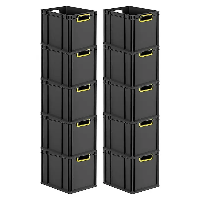 Proregal Euroboxen-Set 10x Eurobox NextGen Color - Kunststoff, Schwarz, Gelb, 10 Stk. - Zwei Stapel schwarzer Kunststoffboxen mit gelben Griffen für Lagerung und Organisation.