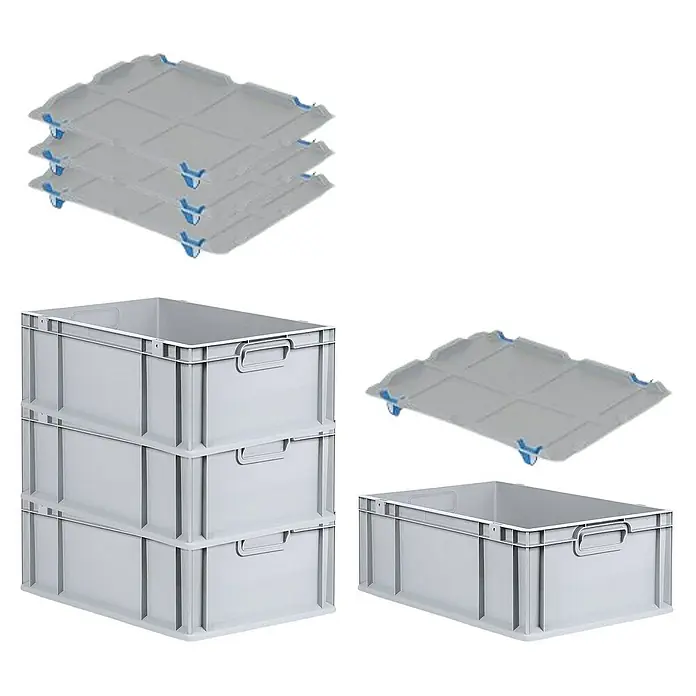 Proregal Euroboxen-Set 4x Eurobox NextGen Economy mit Auflagedeckel und 4x Verschlüsse Blau - L x B x H: 60 x 40 x 22 cm, Kunststoff, Grau, 4 Stk. - Produktbild mit grauen Kunststoffboxen und Deckeln. Ideal zur Aufbewahrung. Stapelbar und vielseitig einsetzbar.