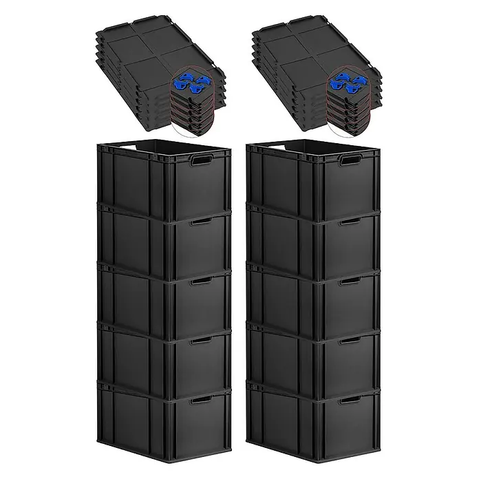 Proregal Euroboxen-Set 10x Eurobox NextGen Grip mit Auflagedeckel inkl. 4 blauen Verschlüssen - L x B x H: 60 x 40 x 32 cm, Kunststoff, Schwarz, 10 Stk. - Abbildung von zwei Stapeln schwarzer Kunststoffboxen mit Deckeln, die eine praktische Aufbewahrungslösung bieten.