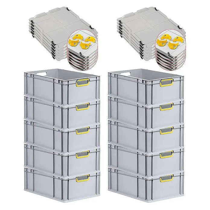 Proregal Euroboxen-Set 10x Eurobox NextGen Color mit Auflagedeckel und Schiebeschnappverschlüsse - L x B x H: 60 x 40 x 22 cm, Kunststoff, Grau, Gelb, 10 Stk. - Auf dem Bild sind zwei Stapel grauer Lagerboxen mit gelben Griffen und passenden Deckeln zu sehen. Ideal für Ordnung.