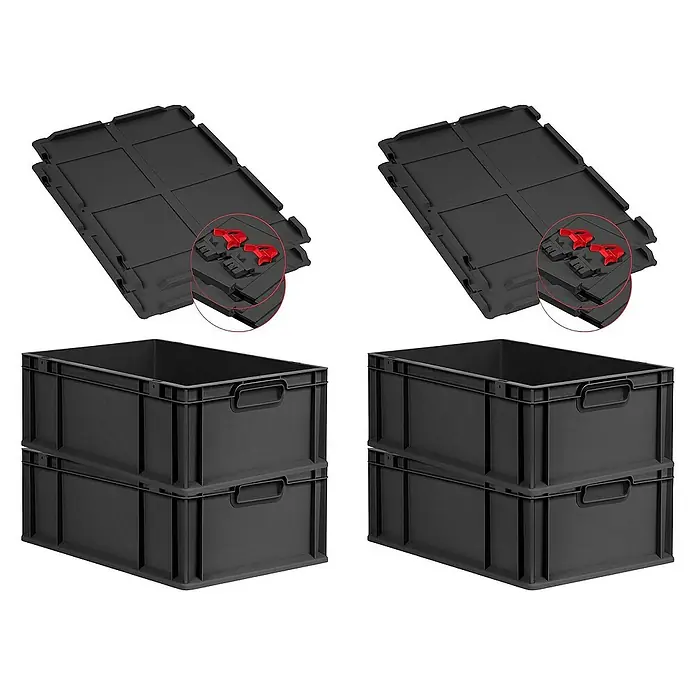 Proregal Euroboxen-Set 4x Eurobox NextGen Grip mit Scharnierdeckel und roten Verschlüssen - L x B x H: 60 x 40 x 22 cm, Kunststoff, Schwarz, 4 Stk. - Schwarze Euroboxen mit Deckel und praktischen roten Verschlüssen, ideal für Lagerung und Transport.