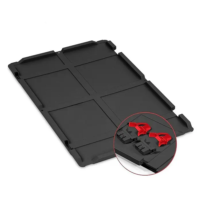 Proregal Euroboxen-Set 4x Eurobox NextGen Grip mit Scharnierdeckel und roten Verschlüssen - L x B x H: 60 x 40 x 22 cm, Kunststoff, Schwarz, 4 Stk. - Schwarze Kofferraumwanne mit Fächern und zwei roten Verzurrösen zur Ladungssicherung im Auto. Praktisch für den Transport.