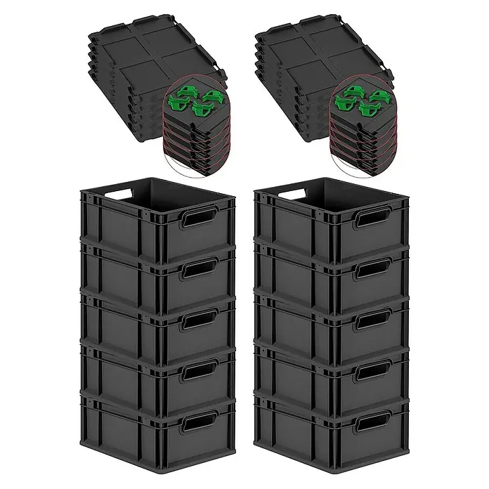 SuperSparSet 10x Eurobox NextGen Grip mit Scharnierdeckel und grünen Schiebeschnappverschlüssen | HxBxT 17x30x40cm | 16 Liter | Schwarz | Griffe offen | Eurobehälter, Transportbox, Transportbehälter, Stapelbehälter -  - Dargestellt sind schwarze Lagerboxen und Deckel. Praktisch zum Verstauen und Organisieren von Gegenständen in Haus, Büro oder Lager.