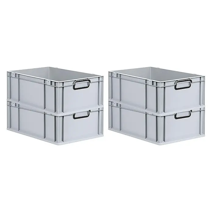 Proregal Euroboxen-Set 4x Eurobox NextGen Color - L x B x H: 60 x 40 x 22 cm, Kunststoff, Grau, Schwarz, 4 Stk. - Zwei Stapel grauer Eurobehälter aus Kunststoff mit schwarzen Griffen, die übereinander stehen und eine praktische Aufbewahrungslösung bieten.