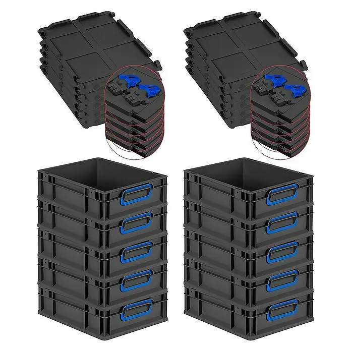 Proregal Euroboxen-Set 10x Eurobox NextGen Color mit Scharnierdeckel und Verschlüssen - L x B x H: 40 x 30 x 12 cm, Kunststoff, Schwarz, Blau, 10 Stk. - Schwarze Kunststoffboxen und -deckel im Stapel dargestellt, ideal für Lagerung und Organisation, mit blauen Akzenten für einfache Identifizierung.