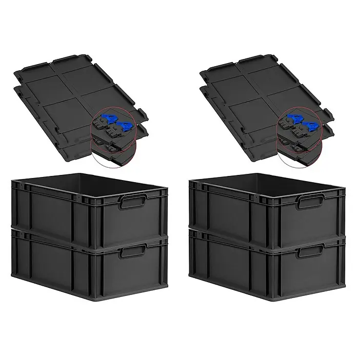 Proregal Euroboxen-Set 4x Eurobox NextGen Grip mit Scharnierdeckel und blauen Verschlüssen - L x B x H: 60 x 40 x 22 cm, Kunststoff, Schwarz, 4 Stk. - Zwei Stapelboxen aus schwarzem Kunststoff mit Deckel, ideal für Lagerung und Transport.