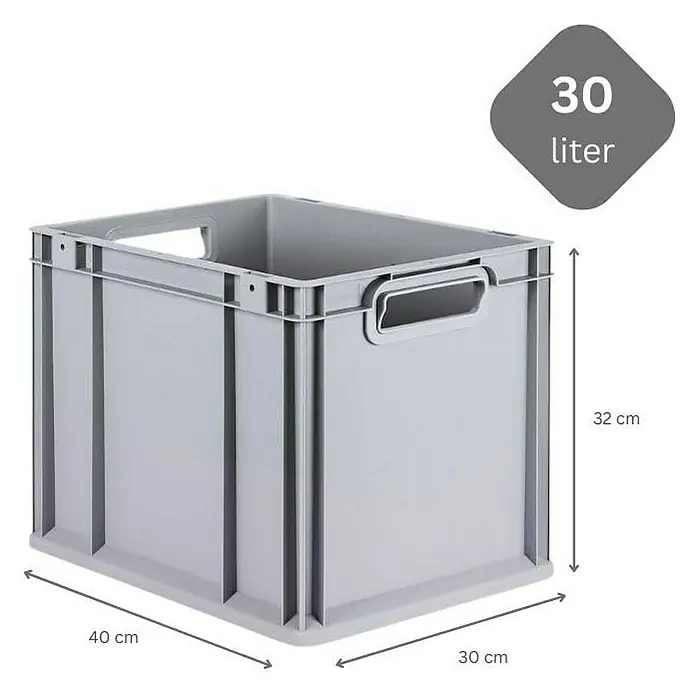 Proregal Euroboxen-Set 5x Eurobox NextGen Economy mit Scharnierdeckel und blauen Verschlüssen - Kunststoff, Grau, 5 Stk. - Graue Kunststoffbox mit den Maßen 40x30x32 cm und einem Volumen von 30 Litern, ideal für Lagerung und Transport.