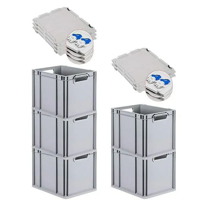 Proregal Euroboxen-Set 5x Eurobox NextGen Economy mit Scharnierdeckel und blauen Verschlüssen - Kunststoff, Grau, 5 Stk. - Graue, stapelbare Eurobehälter mit Griffen und dazugehörigen Deckeln für eine effiziente Lagerung und Organisation.