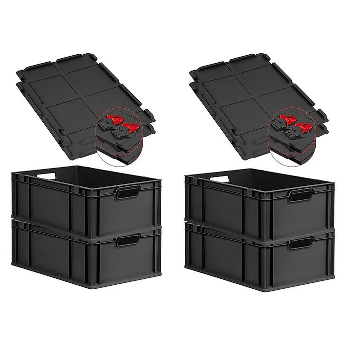 Proregal Euroboxen-Set 4x Eurobox NextGen Grip mit Scharnierdeckel und roten Verschlüssen - L x B x H: 60 x 40 x 22 cm, Kunststoff, Schwarz, 4 Stk. - Schwarze Eurobehälter mit Deckel: Ideal für Lagerung & Transport. Robuste Kunststoffboxen mit ergonomischen Griffen und sicher schließenden Deckeln.