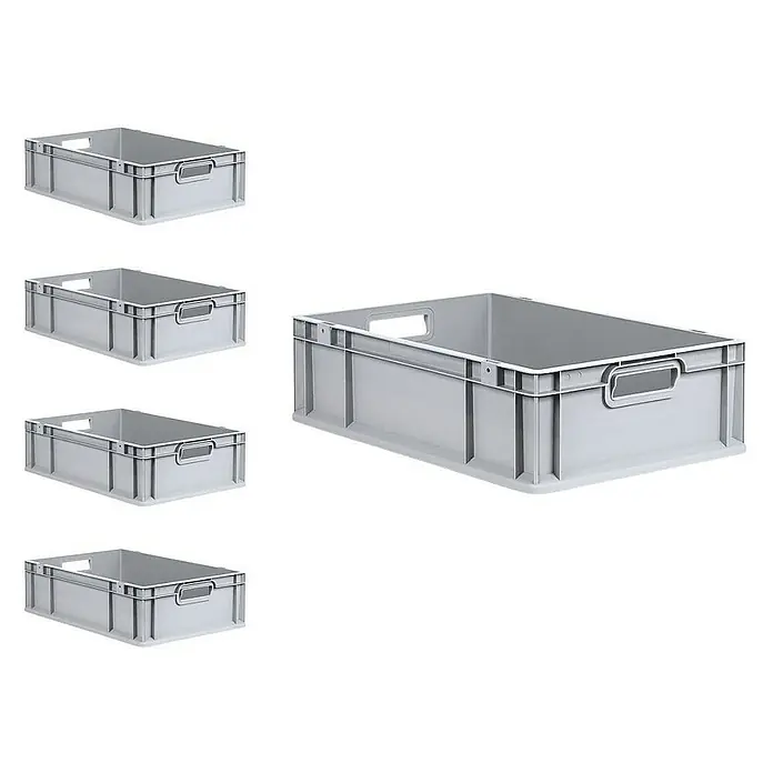 Proregal Euroboxen-Set 5x Eurobox NextGen Grip mit Scharnierdeckel und roten Verschlüssen - L x B x H: 60 x 40 x 17 cm, Kunststoff, Grau, 5 Stk. - Ein Arrangement aus grauen Kunststoffbehältern, ideal für Lagerung und Organisation in verschiedenen Umgebungen.