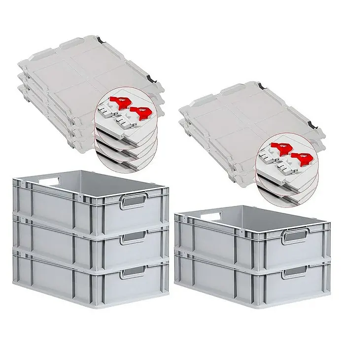 Proregal Euroboxen-Set 5x Eurobox NextGen Grip mit Scharnierdeckel und roten Verschlüssen - L x B x H: 60 x 40 x 17 cm, Kunststoff, Grau, 5 Stk. - Bild von grauen Kunststoffboxen, drei gestapelt, und grauen Deckeln, vier gestapelt, mit roten Verriegelungen, ordentlich angeordnet.